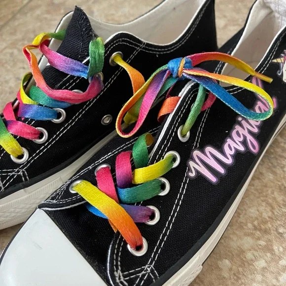 Black Sneakers with Unicorns and Rainbow Laces - Picture 2 of 5